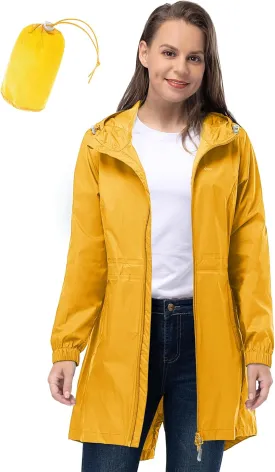 33,000ft Women's Waterproof Long Rain Coats Packable Rain Jacket with Hood Trench Coats Windbreaker