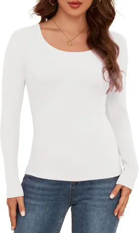 Long Sleeve Shirts for Women Scoop Neck Lightweight Stretchy Fitted Ribbed Basic Layer Tops Blouse