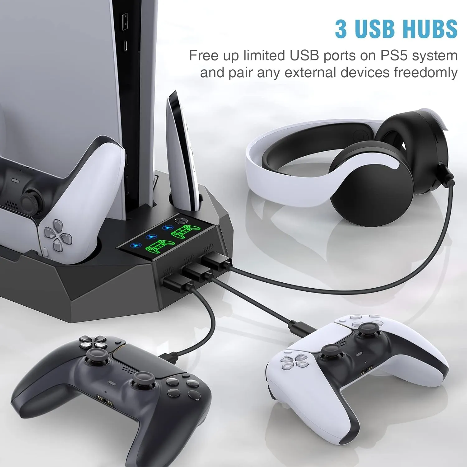 PS5 / PS5 Slim Stand and Cooling Station with Dual Controller Charging Station for PlayStation 5 Console, PS 5 Accessories Incl. Controller Charger, Cooling Fan, Headset Holder, 3 USB Hub, Screw-Black