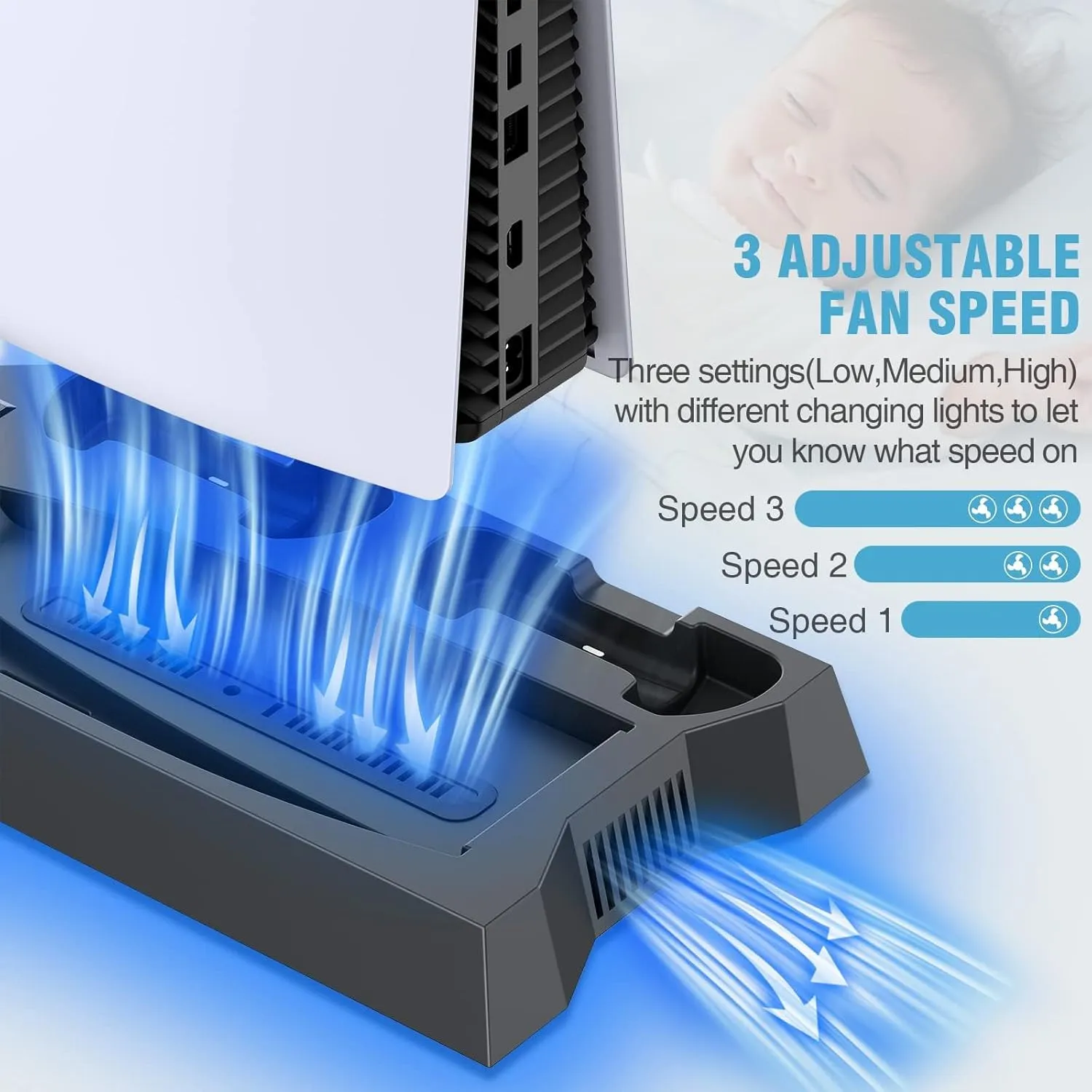 PS5 / PS5 Slim Stand and Cooling Station with Dual Controller Charging Station for PlayStation 5 Console, PS 5 Accessories Incl. Controller Charger, Cooling Fan, Headset Holder, 3 USB Hub, Screw-Black