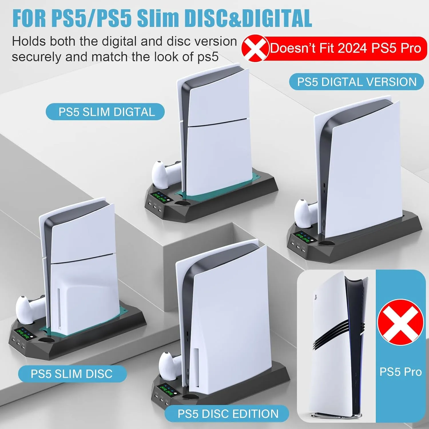 PS5 / PS5 Slim Stand and Cooling Station with Dual Controller Charging Station for PlayStation 5 Console, PS 5 Accessories Incl. Controller Charger, Cooling Fan, Headset Holder, 3 USB Hub, Screw-Black