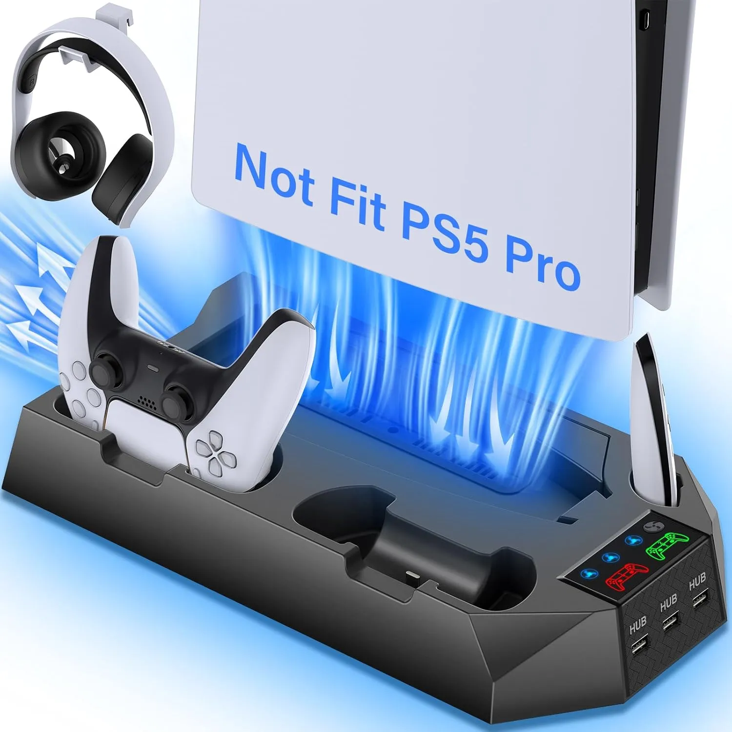 PS5 / PS5 Slim Stand and Cooling Station with Dual Controller Charging Station for PlayStation 5 Console, PS 5 Accessories Incl. Controller Charger, Cooling Fan, Headset Holder, 3 USB Hub, Screw-Black