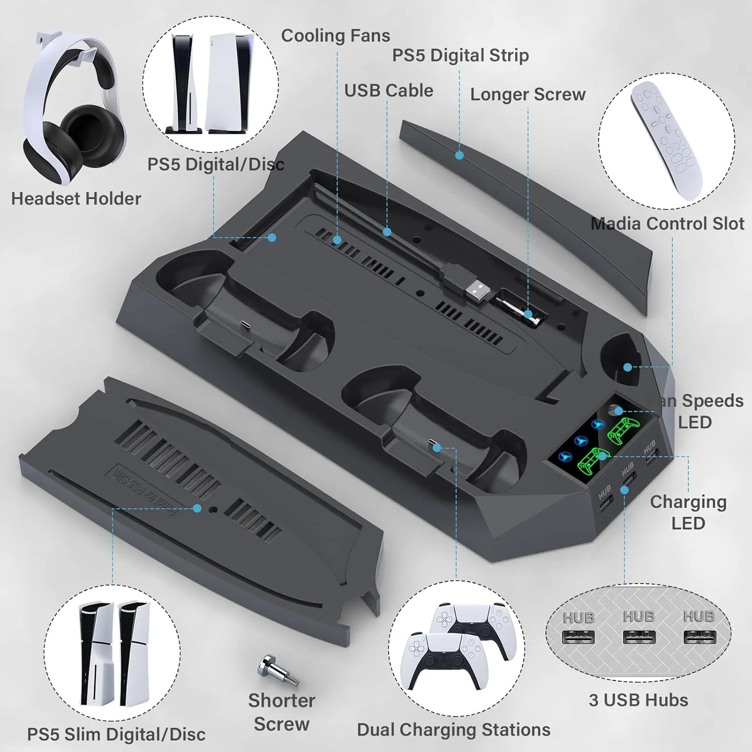 PS5 / PS5 Slim Stand and Cooling Station with Dual Controller Charging Station for PlayStation 5 Console, PS 5 Accessories Incl. Controller Charger, Cooling Fan, Headset Holder, 3 USB Hub, Screw-Black