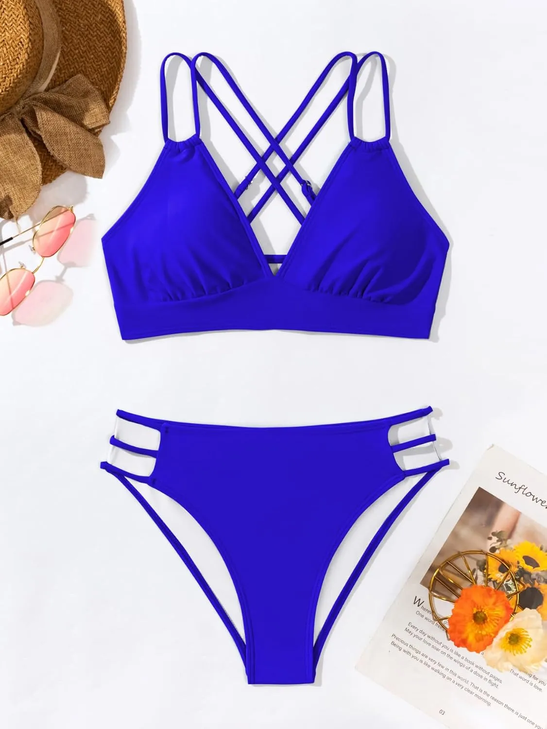 Tainehs Women's Push Up V Neck Bikini Sets Criss Cross Back Two Piece Bathing Suit