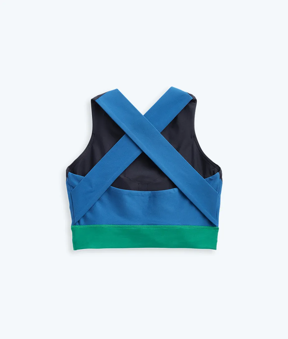 The Cross-Back Crop Sports Bra - Midnight & Santorini & Clover