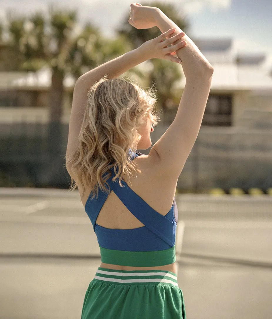 The Cross-Back Crop Sports Bra - Midnight & Santorini & Clover