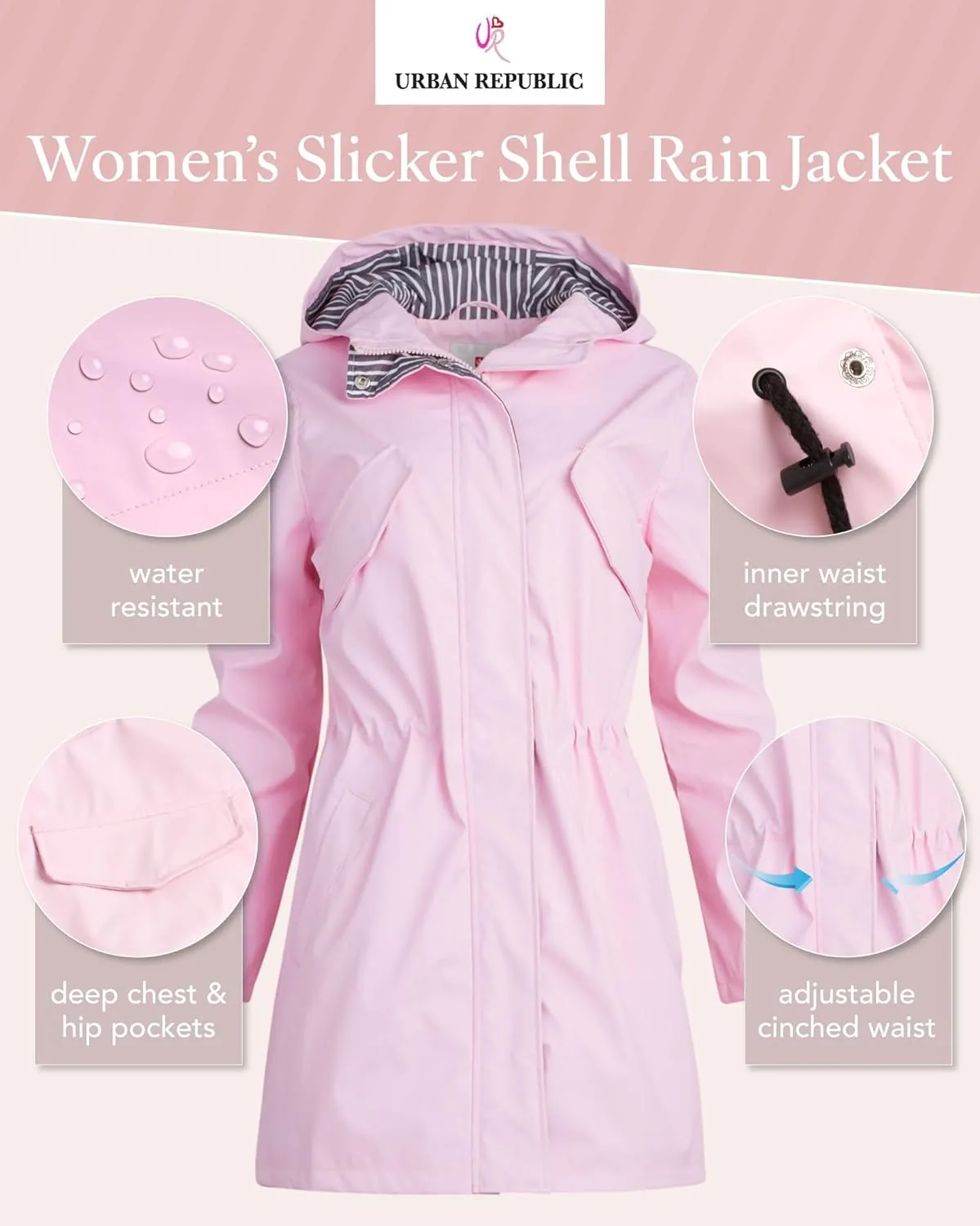 URBAN REPUBLIC Womans Raincoat  Waterproof Slicker Shell Rain Jacket (S-3XL, Plus Size)
