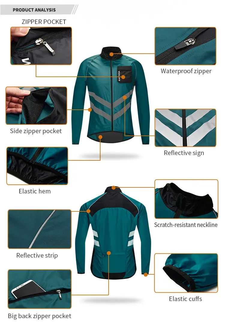 Windproof Cycling Jacket MTB Bike Jersey Outdoor Sport Cycling Windbreaker Rainproof Reflective Bike Clothing Navy Blue