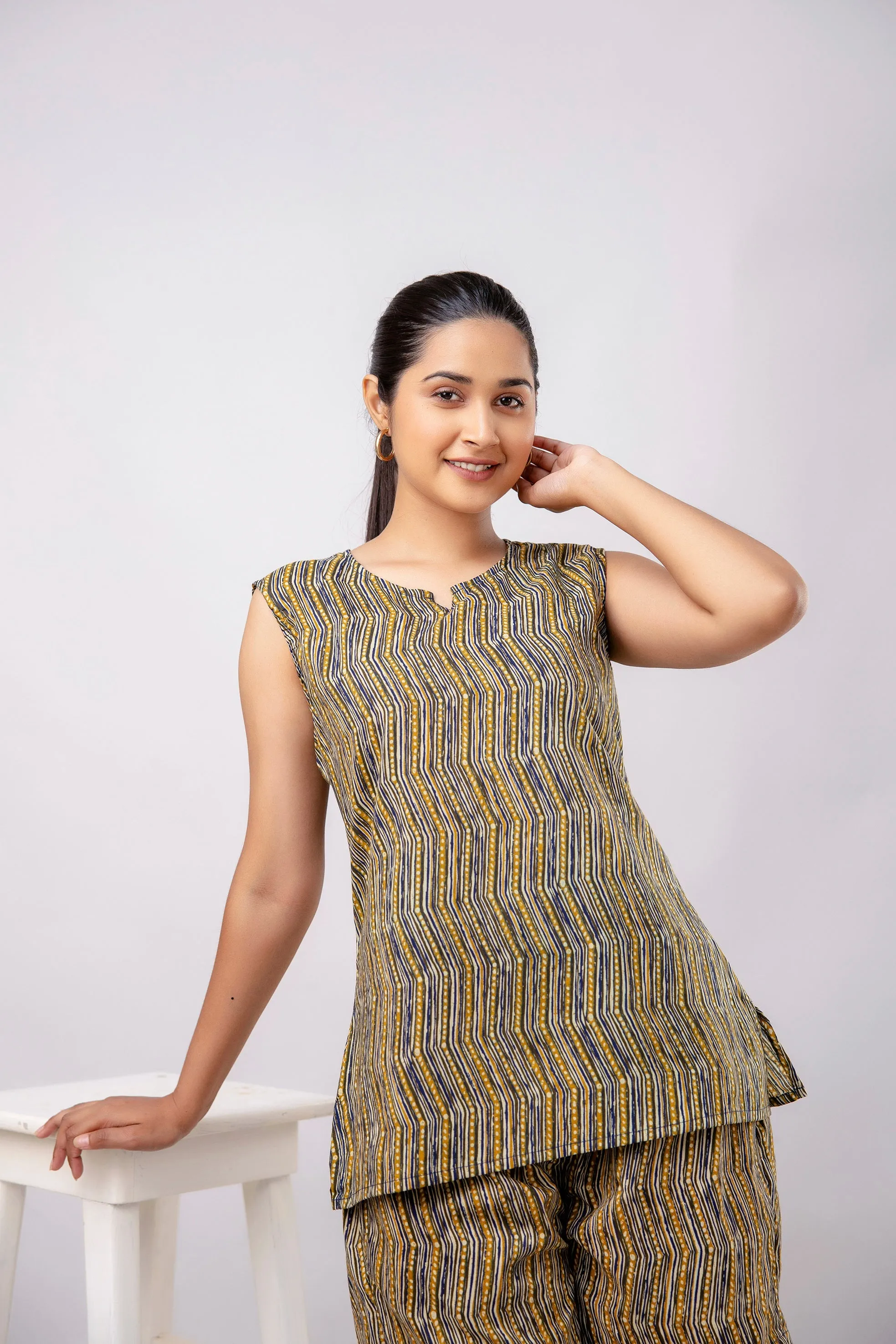 Women Mustard Abstract Printed Night Suit (SHKY1040)