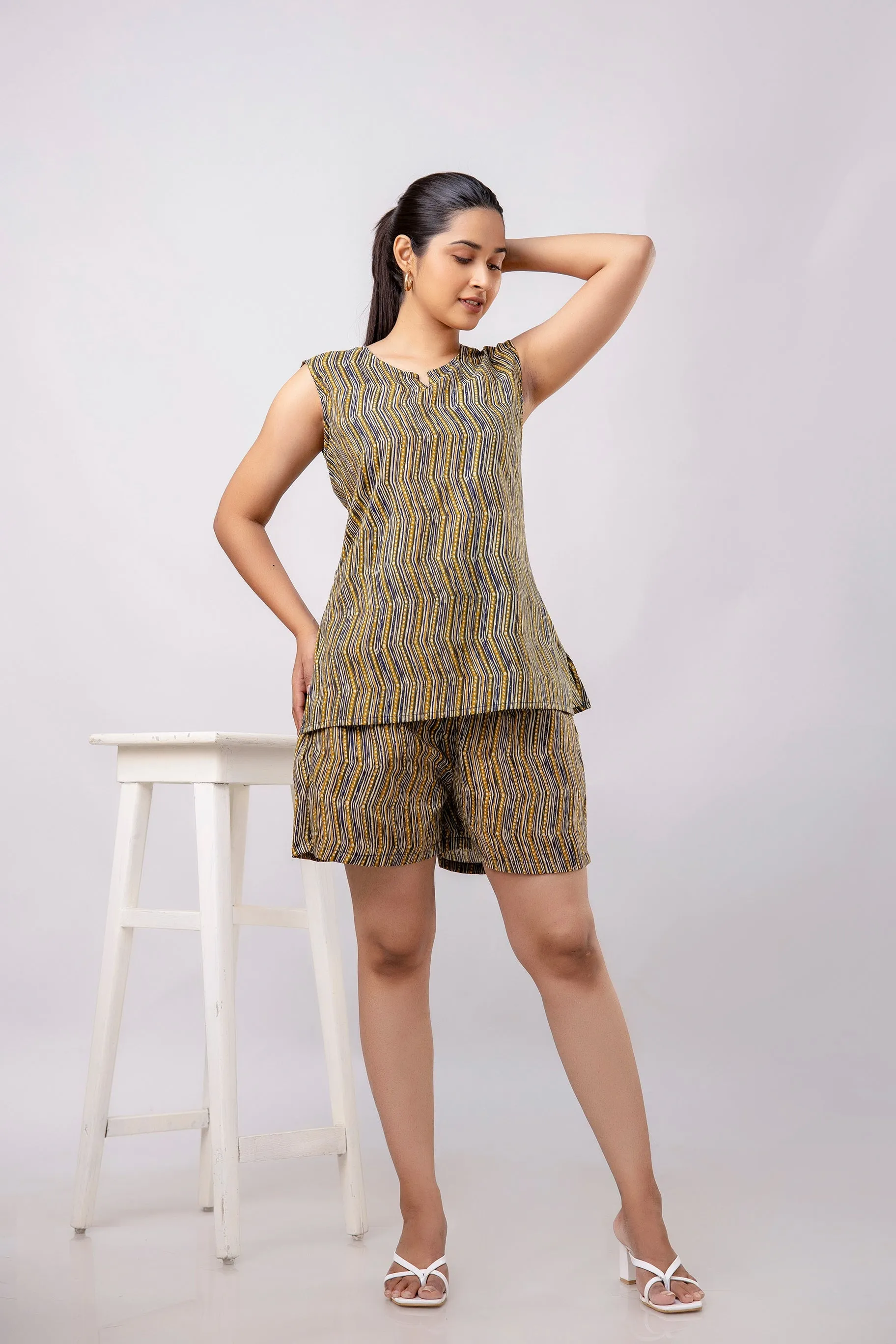Women Mustard Abstract Printed Night Suit (SHKY1040)