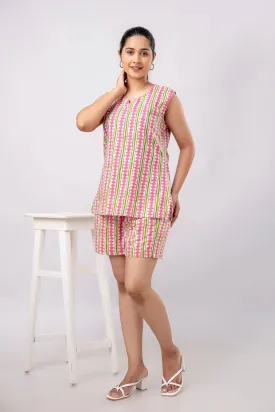 Women Pink &  Green Striped Printed Night Suit (SHKY1039)