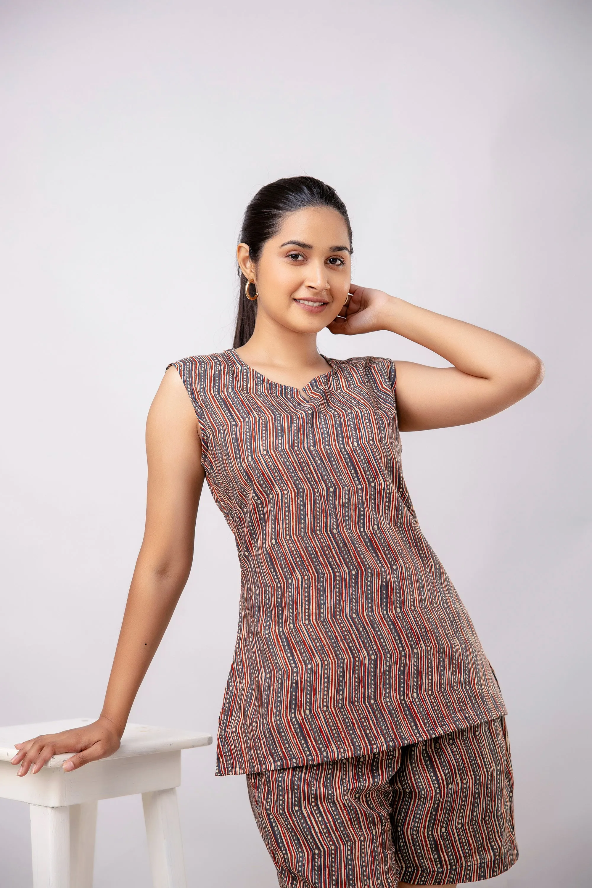 Women Red Abstract Printed Night Suit (SHKY1041)
