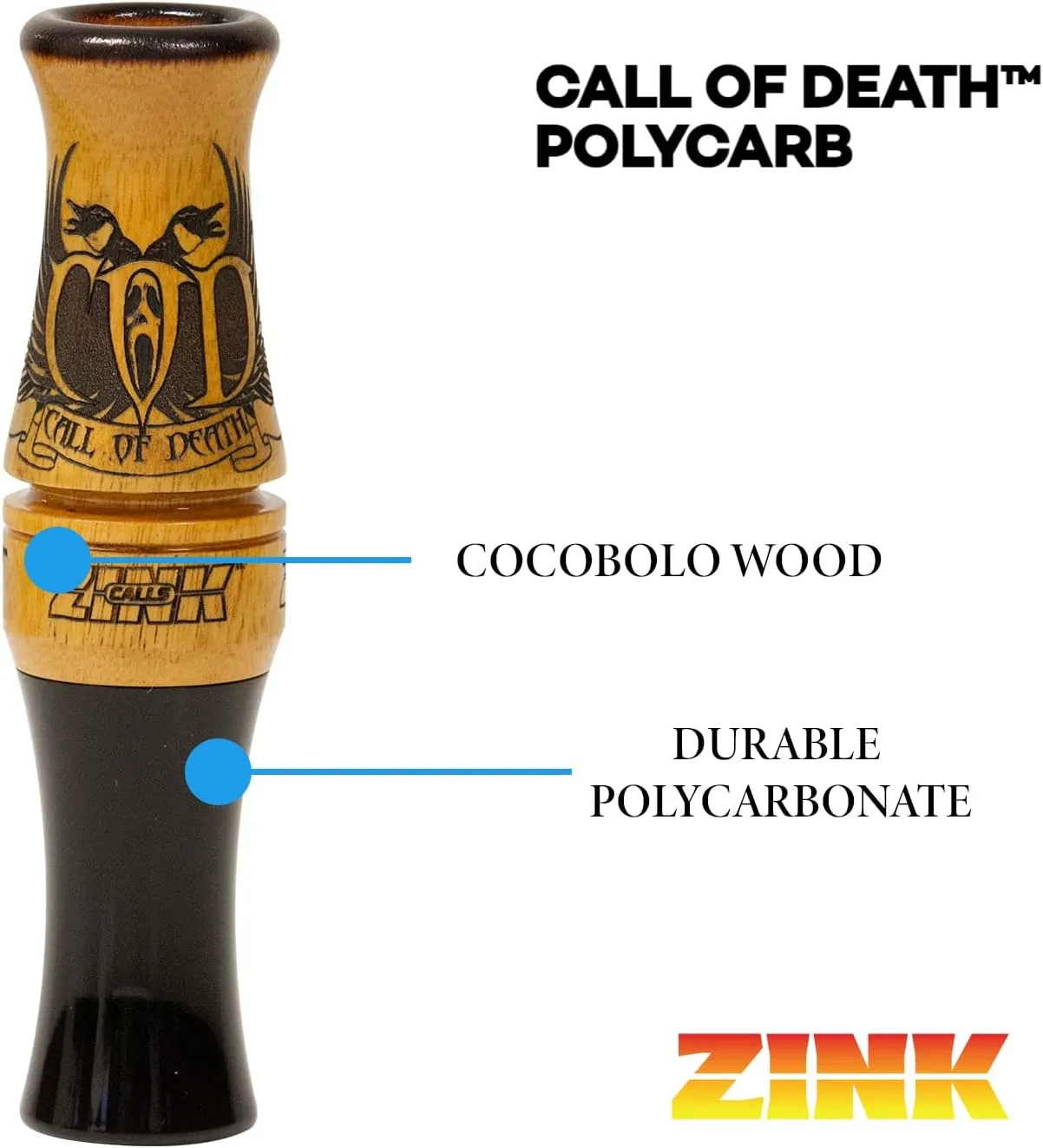 Zink Calls of Death (COD) Polycarbonate Hand-Tuned Short Reed Waterfowl Canada Goose Hunting Game Call - Power, Volume & Speed in One Call